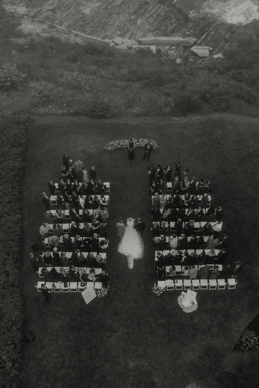 Drone shot overlooking a Cliff House wedding in Ogunquit Maine